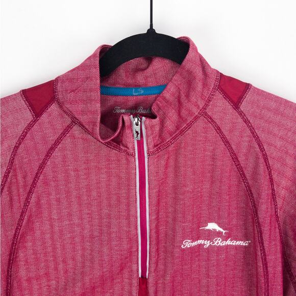 Tommy Bahama 1/4 Zip Men's Large Pima Cotton Poly Blend Bright Red White Logo - Picture 2 of 10